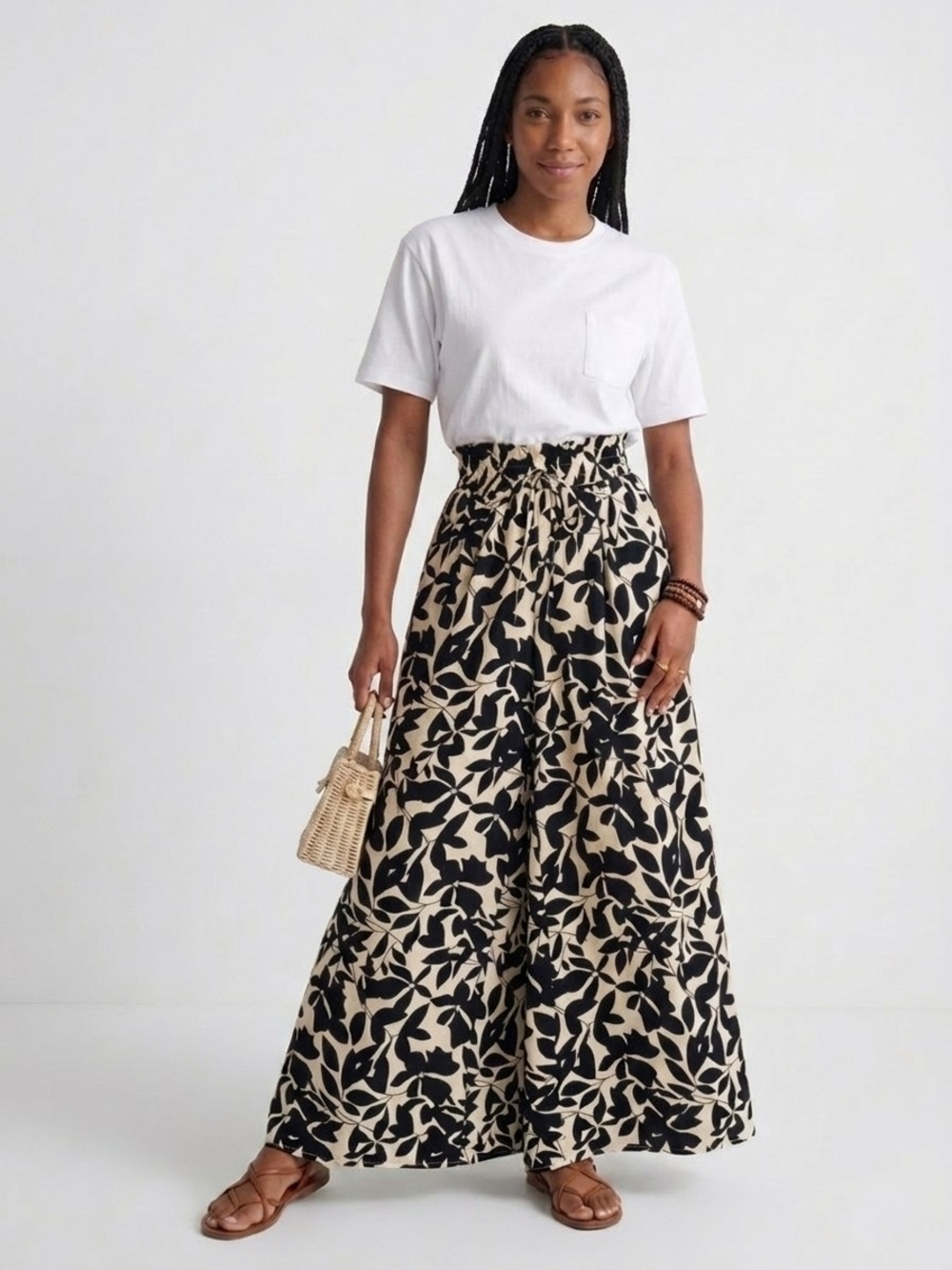 High-Rise Palazzo Pants in Black Leaf Print